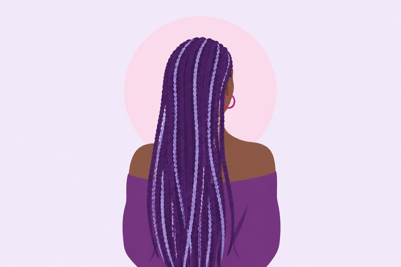 Illustration of long purple box braids seen from behind, in the Jazmiane house palette