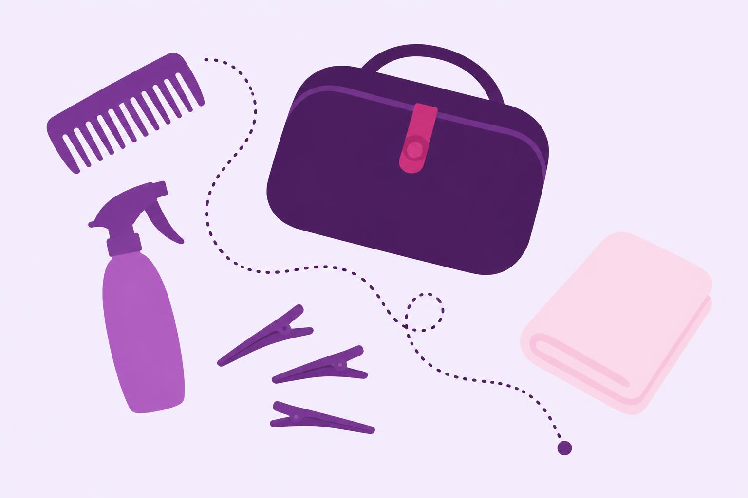 Illustration of a mobile braiding kit: comb, spray bottle, clips and a soft travel bag